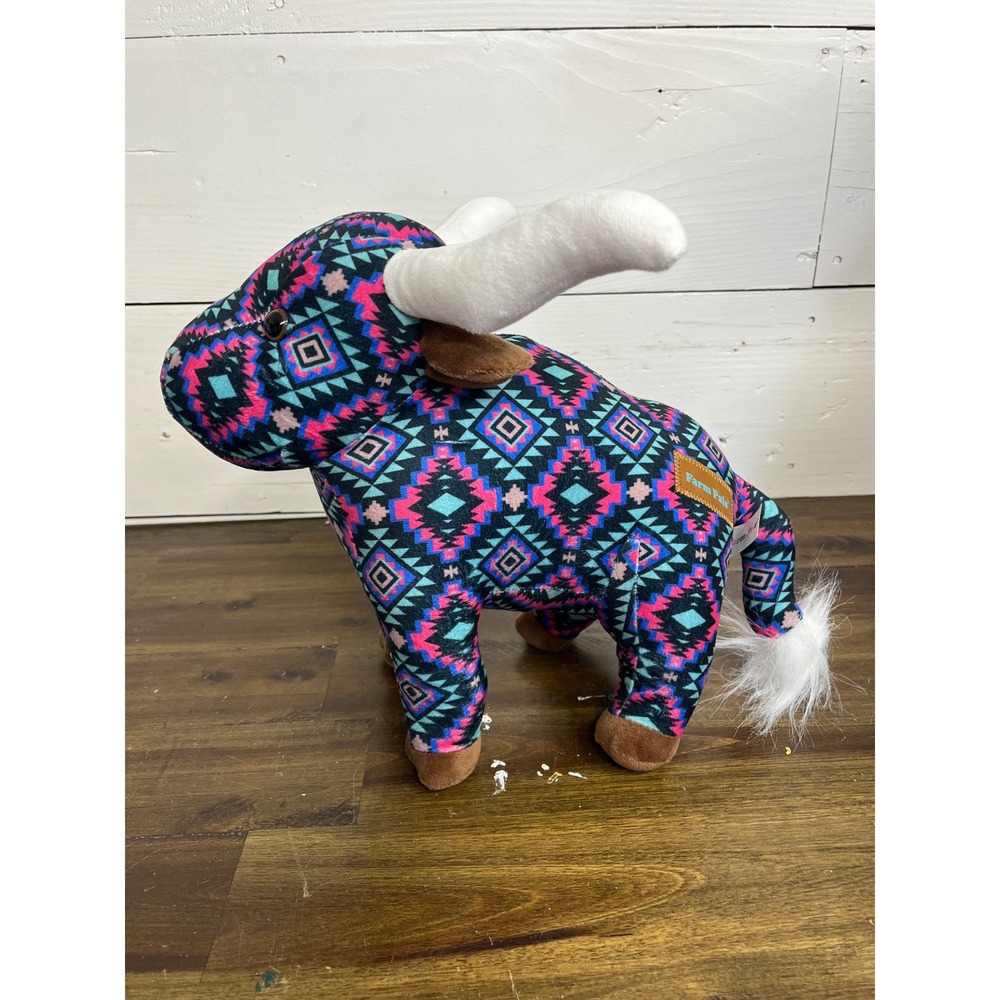 Farm Pals Longhorn Bull Plush Southwestern Geometric Print Stuffed Animal Blue